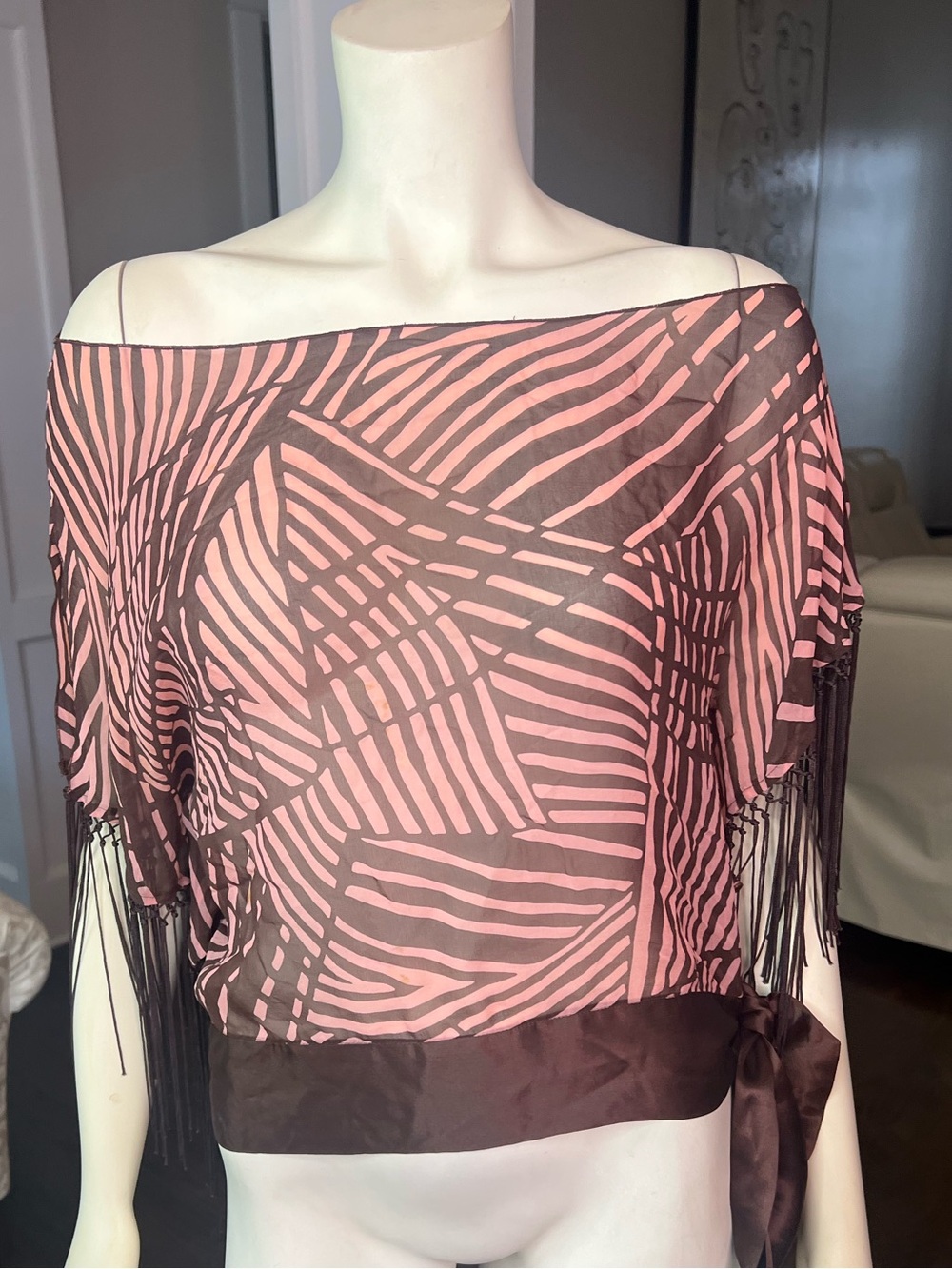 bebe Pink and Brown Fringe Off-Shoulder Blouse